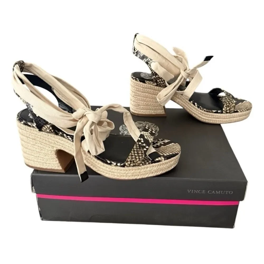 Vince Camuto Roreka Python Espadrille Block Heel Sandals Warm Vanilla Black 9